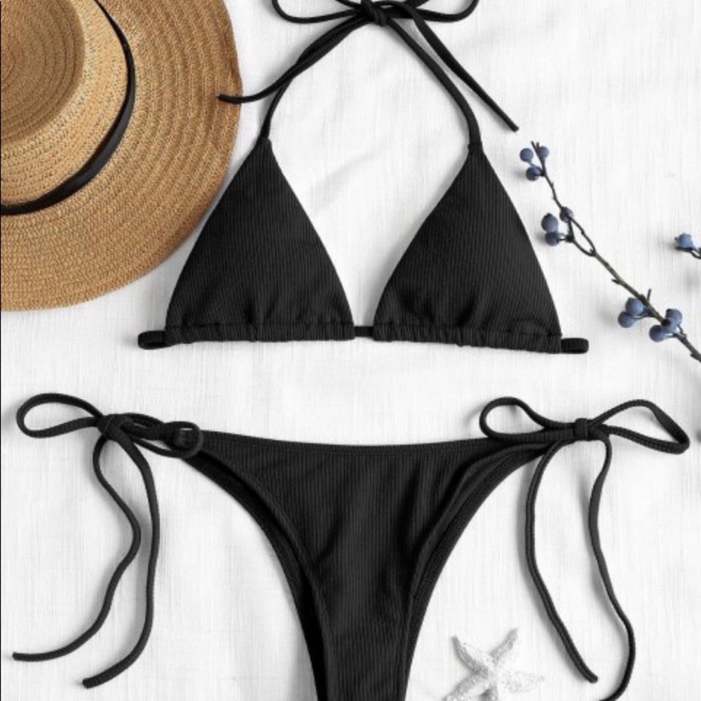 Black Ruffle Side Tie Bandeau Bikini